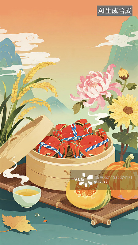 【AI数字艺术】国潮风秋天大闸蟹南瓜中秋节插画海报图片素材