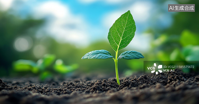 【AI数字艺术】嫩绿幼苗特写，土壤中生长的嫩绿植物图片素材