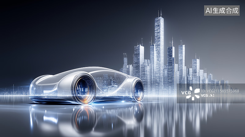 【AI数字艺术】新能源汽车背景——抽象未来无人驾驶汽车与城市天际线图片素材