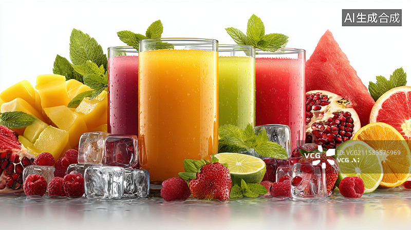 【AI数字艺术】新鲜果汁与水果的缤纷组合图片素材