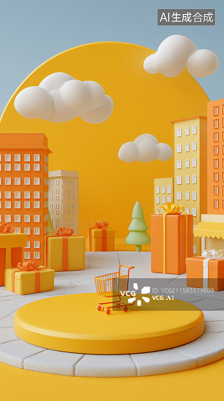 【AI数字艺术】黄色城市购物场景图片素材