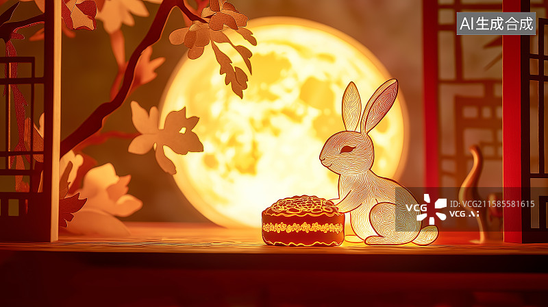 【AI数字艺术】中秋节主题背景——三维立体剪纸艺术设计的月亮、玉兔与月饼图片素材