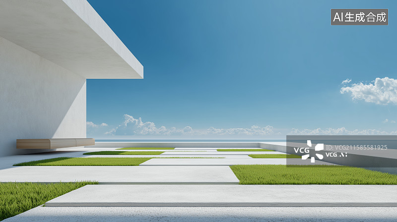 【AI数字艺术】现代建筑露台与蓝天绿地图片素材