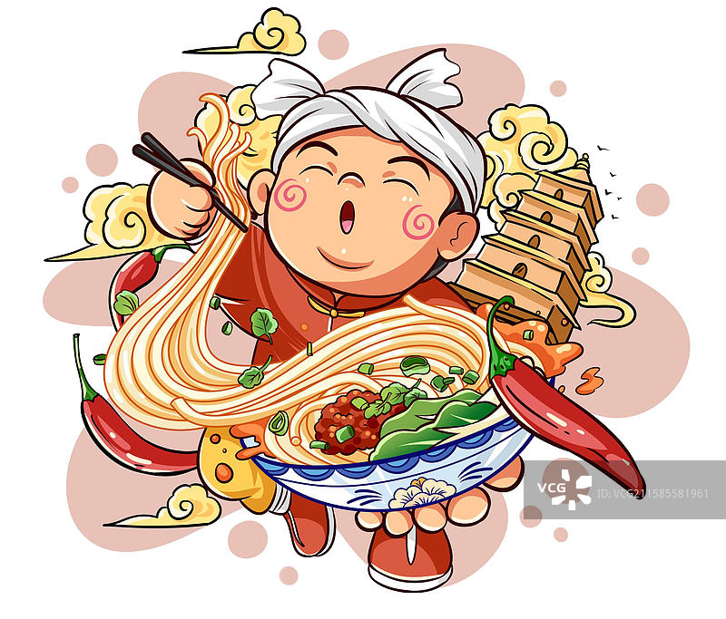 吃西安面条的开心农民图片素材