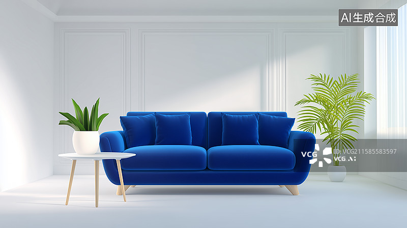 【AI数字艺术】简约客厅蓝色沙发场景图片素材