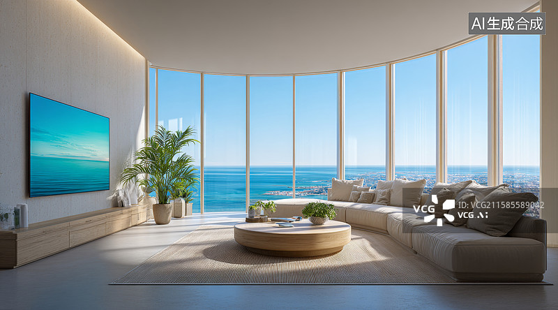 【AI数字艺术】现代海景顶层公寓客厅图片素材