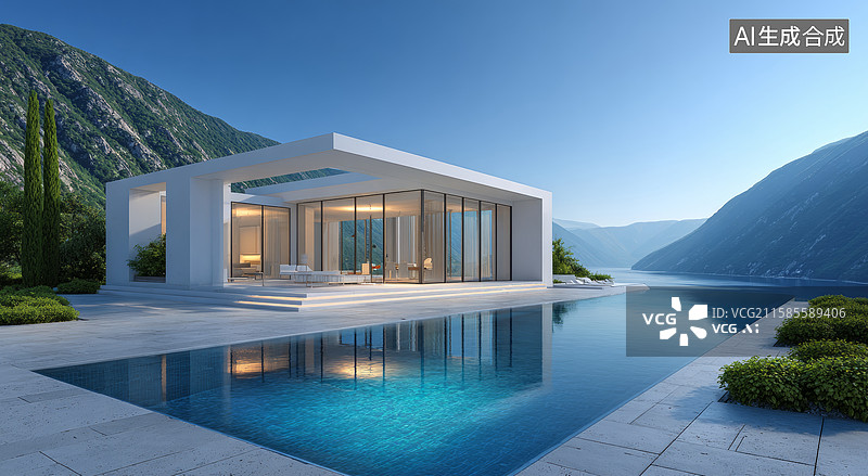 【AI数字艺术】湖畔现代别墅图片素材