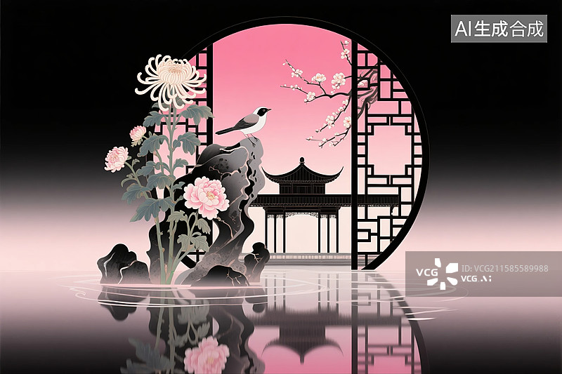 【AI数字艺术】国风窗景花鸟韵图片素材