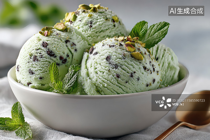 【AI数字艺术】开心果巧克力碎，香草冰淇淋图片素材