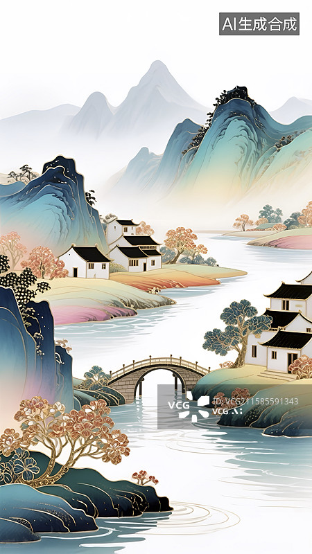 【AI数字艺术】水墨风格山水田园风光插画图片素材
