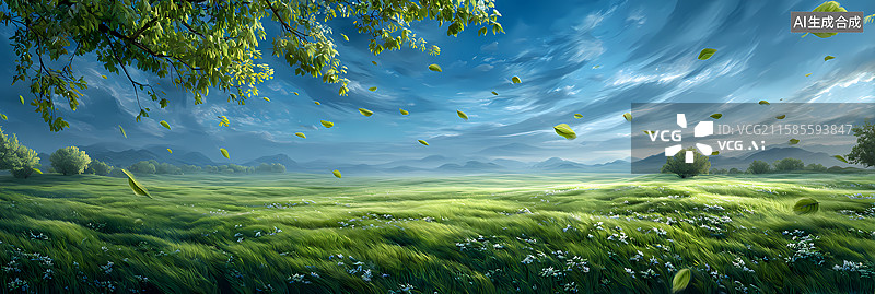 【AI数字艺术】蓝天绿野飘动树叶图片素材