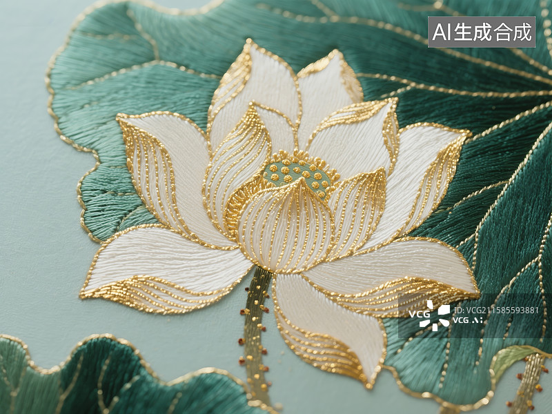 【AI数字艺术】精致刺绣莲花与绿叶图片素材