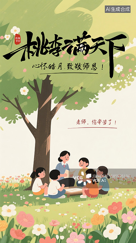 【AI数字艺术】9月10日 感恩教师节插画海报模版 户外草地上大树下围坐在一起的老师与学生，桃李满天下温馨场景 竖版图片素材