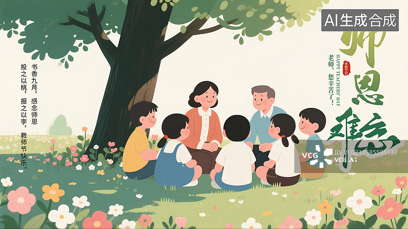 【AI数字艺术】9月10日 感恩教师节插画海报模版 户外草地上大树下围坐在一起的老师与学生，桃李满天下温馨场景 横版图片素材
