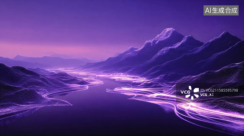 【AI数字艺术】紫色背景，山峰间一条流淌的紫色河流图片素材