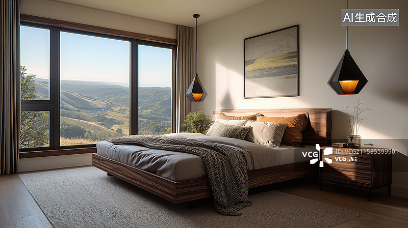 【AI数字艺术】深木床架温馨卧室图片素材
