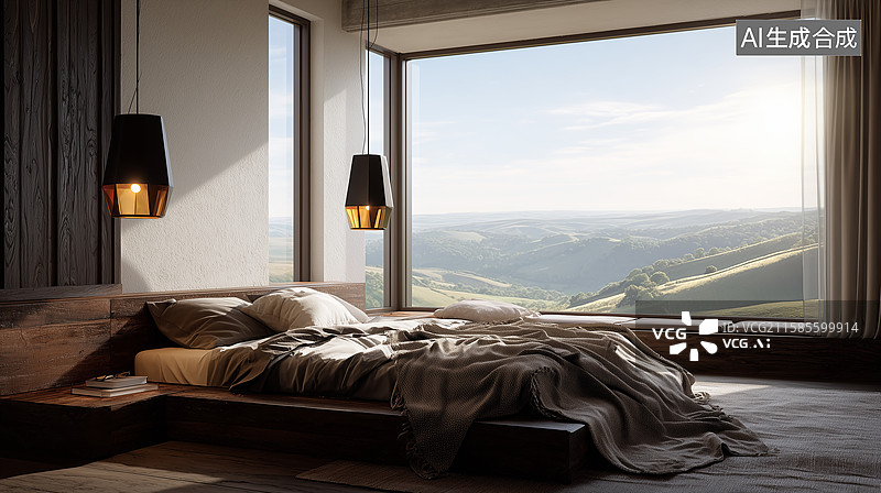 【AI数字艺术】深木床架温馨卧室图片素材