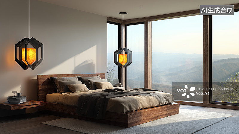 【AI数字艺术】深木床架温馨卧室图片素材