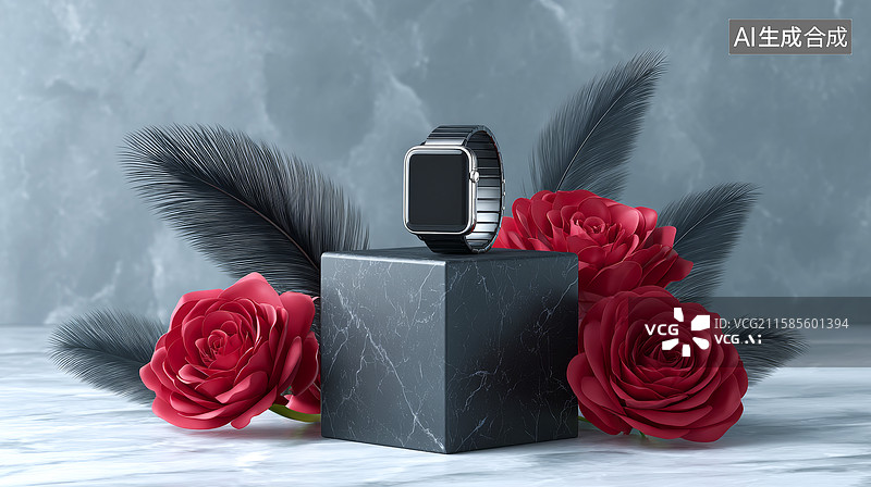 【AI数字艺术】智能手表置于黑色展台上图片素材