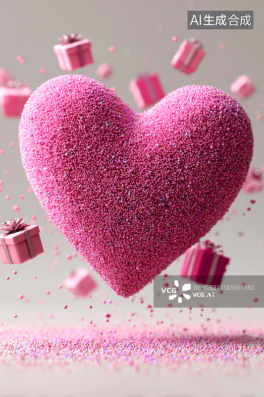 【AI数字艺术】粉色的颗粒爱心和粉色礼盒图片素材
