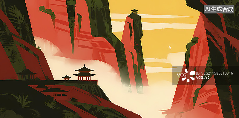 【AI数字艺术】山间古寺，霞光映照图片素材