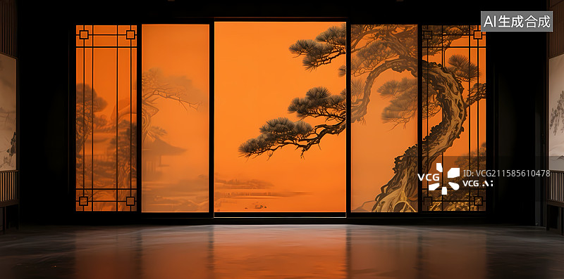 【AI数字艺术】橙色背景下的松树屏风图片素材