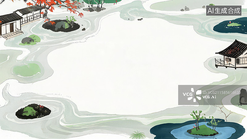 【AI数字艺术】水墨画最大-背景壁纸1水墨风格的园林景观图图片素材