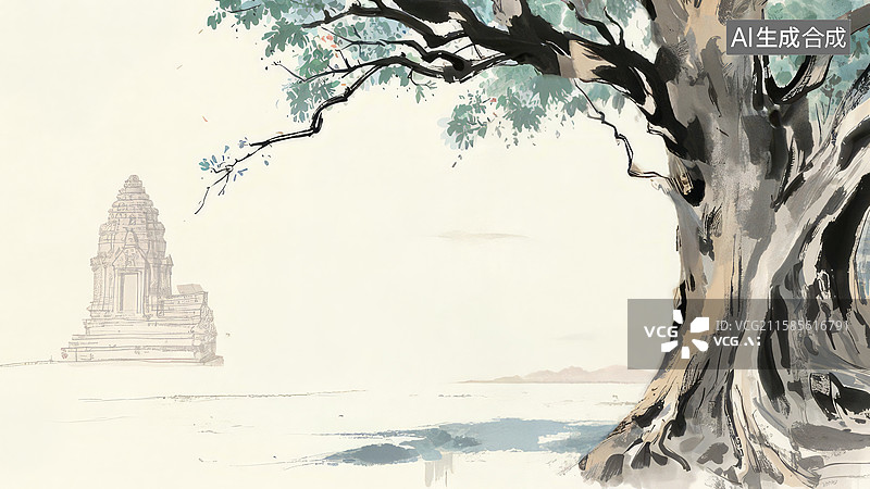 【AI数字艺术】水墨画最大-背景壁纸1古塔与大树的静谧风景图片素材