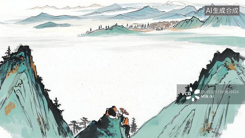 【AI数字艺术】水墨画最大-背景壁纸1山间行者，云海远眺图片素材