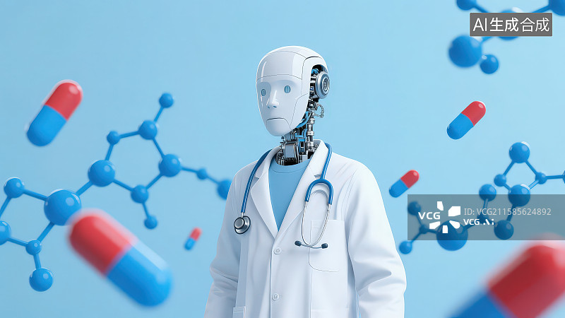 【AI数字艺术】脖子挂着听诊器穿着白大褂实验服的AI人工智能机器人周围悬浮着蓝色分子结构和药品胶囊，未来智慧医疗系统图片素材