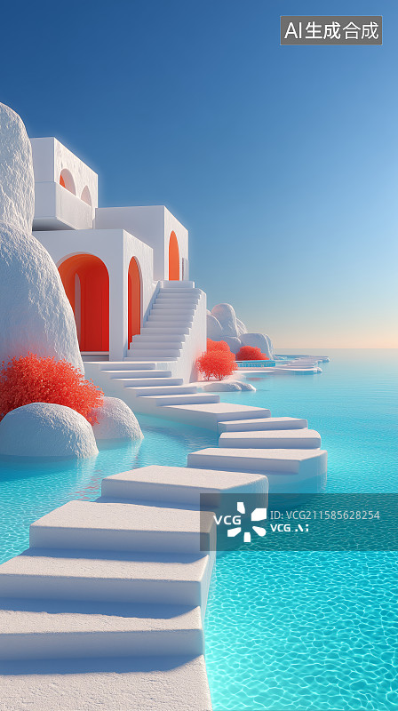 【AI数字艺术】现代海滨别墅与泳池图片素材