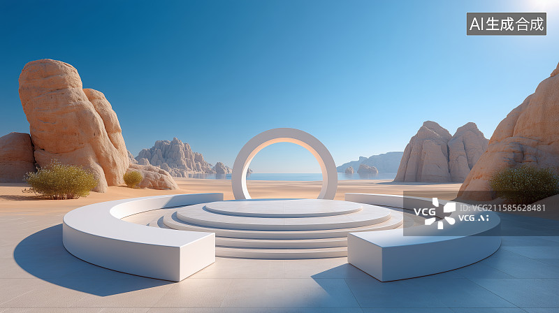 【AI数字艺术】现代简约圆形舞台与自然景观图片素材