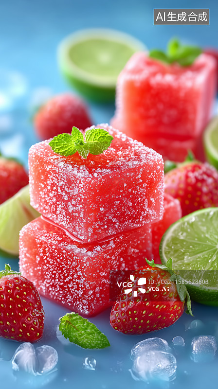 【AI数字艺术】草莓冰块与薄荷装饰图片素材