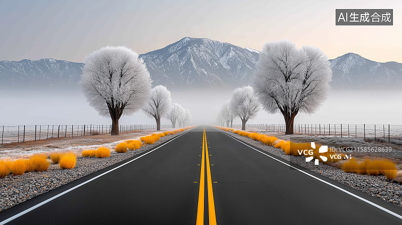 【AI数字艺术】秋日清晨的乡村公路图片素材