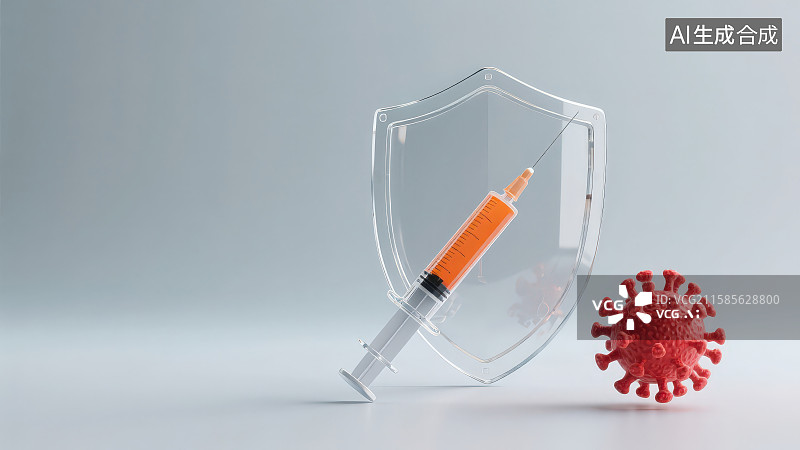 【AI数字艺术】灰色背景下放置的透明材质护盾注射器针筒和病毒模型，医疗疾病治疗病毒消杀防护概念图片素材