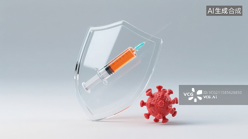 【AI数字艺术】灰色背景下放置的透明材质护盾注射器针筒和病毒模型，医疗疾病治疗病毒消杀防护概念图片素材