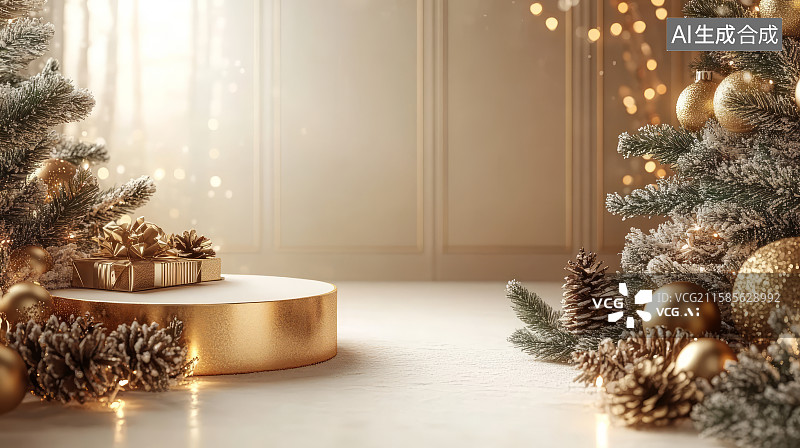 【AI数字艺术】3D渲染金色圣诞节主题电商产品展台背景图片素材