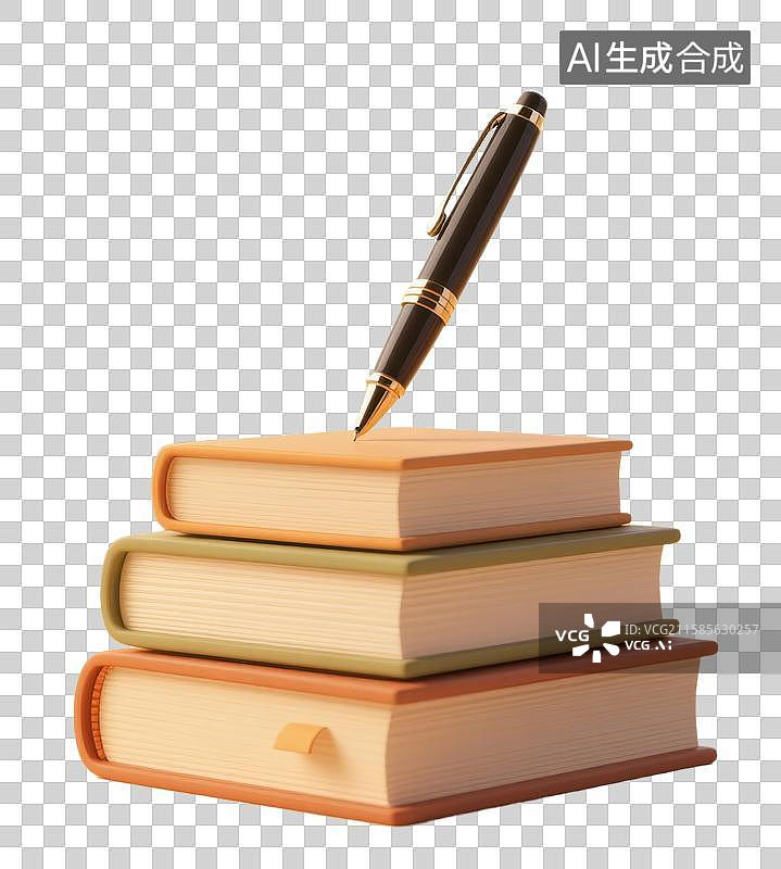 【AI数字艺术】3D三维叠放一沓书籍和钢笔知识元素图片素材