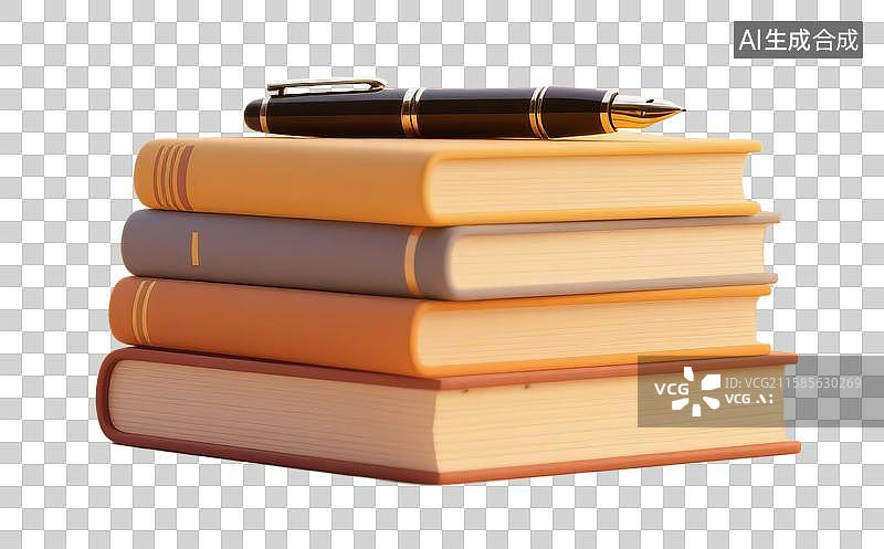 【AI数字艺术】3D三维叠放一沓书籍和钢笔知识元素图片素材
