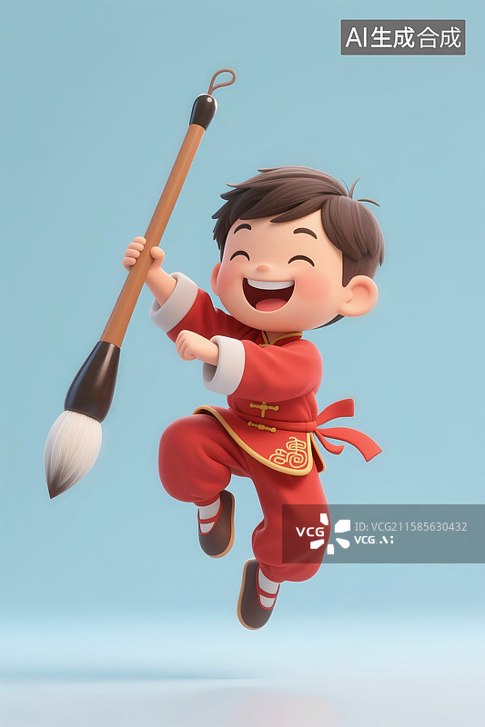 【AI数字艺术】3D立体三维C4D男孩拿着毛笔书写中国传统文化毛笔书法快乐卡通形象图片素材