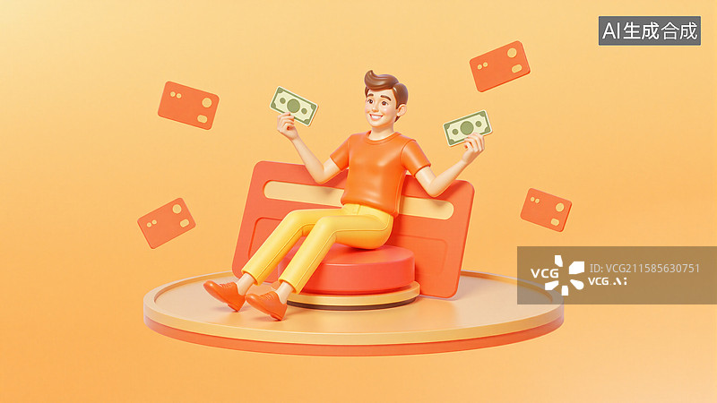 【AI数字艺术】3d3D人物坐在椅子上，手持卡片和货币图片素材