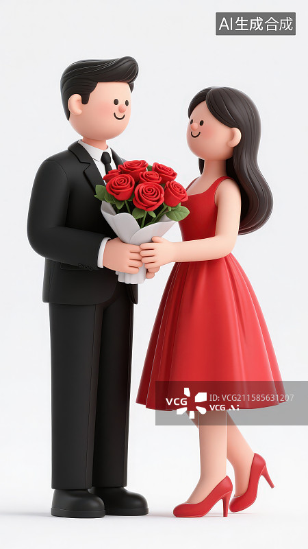 【AI数字艺术】一对卡通人物男士穿西装手持红玫瑰花束递给身穿着红色裙子高跟鞋的女士，七夕情人节求婚恋爱纪念浪漫场景图片素材