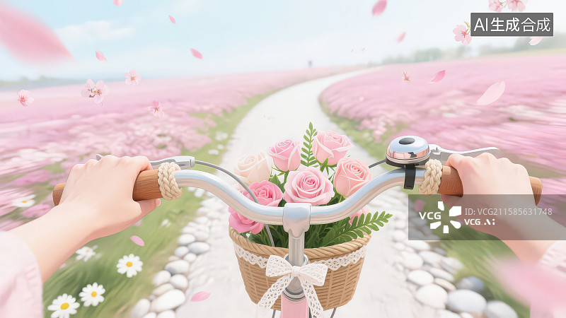 【AI数字艺术】第一人称视角特写握紧车把的双手和车筐装满鲜花骑行在粉色花瓣飘落的路上场景图片素材