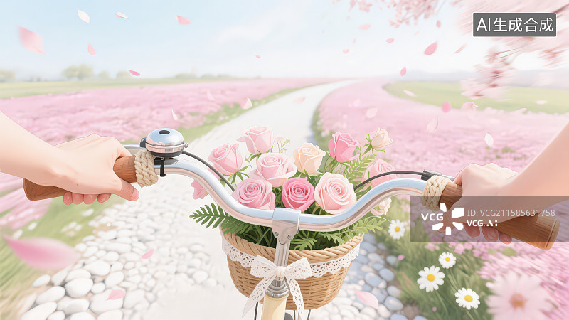 【AI数字艺术】第一人称视角特写握紧车把的双手和车筐装满鲜花骑行在粉色花瓣飘落的路上场景图片素材
