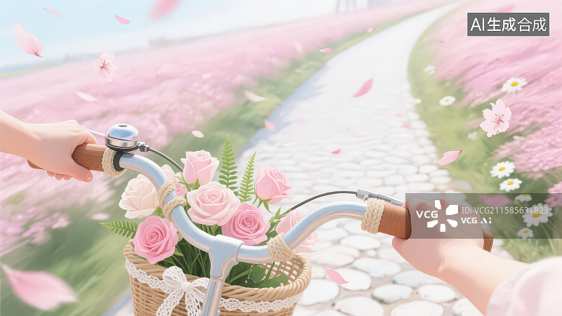 【AI数字艺术】第一人称视角特写握紧车把的双手和车筐装满鲜花骑行在粉色花瓣飘落的路上场景图片素材