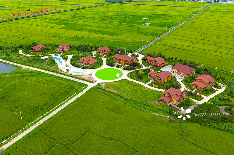 航拍夏天的吉林延吉光东朝鲜族民族村和稻田风光图片素材