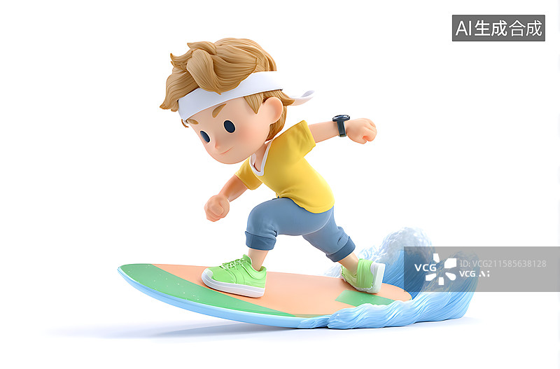 【AI数字艺术】3D 卡通活力场景：小男孩穿黄衣绿鞋玩滑板，呈现运动玩耍的儿童画面图片素材