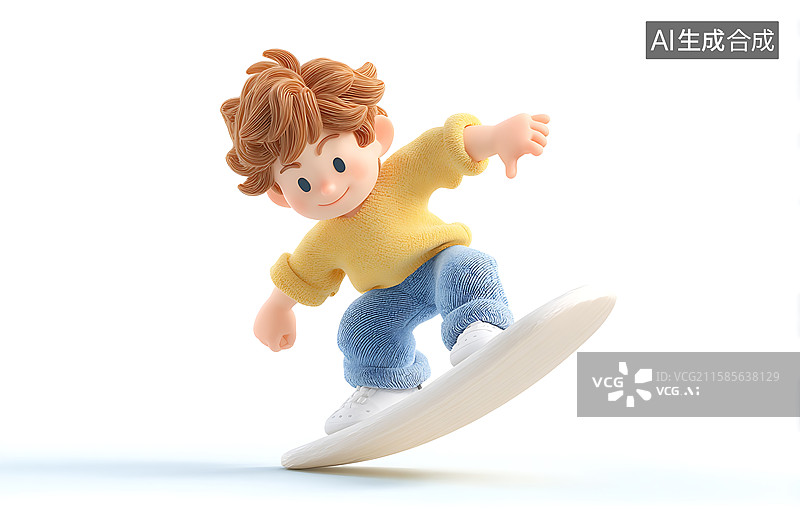 【AI数字艺术】3D 卡通活力场景：小男孩穿黄衣绿鞋玩滑板，呈现运动玩耍的儿童画面图片素材