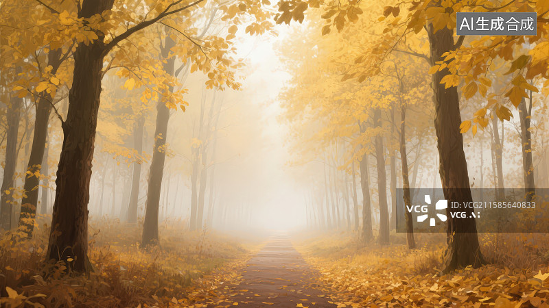 【AI数字艺术】秋天户外阳光透过树叶缝隙照射在一片茂密的黄色森林形成丁达尔效应树木中间有一条可以行走的小路图片素材