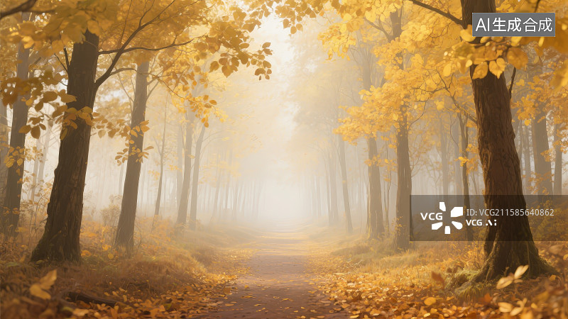 【AI数字艺术】秋天户外阳光透过树叶缝隙照射在一片茂密的黄色森林形成丁达尔效应树木中间有一条可以行走的小路图片素材